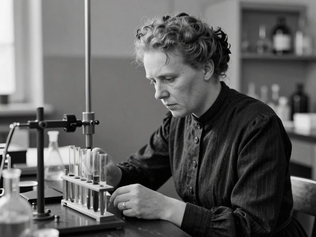 Maria Skłodowska-Curie w laboratorium podczas pracy nad badaniami promieniotwórczości, które odmieniły losy świata