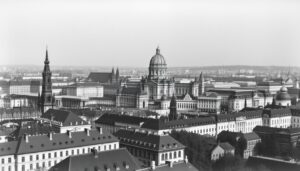 Panorama przedwojennego Drezna z widoczną kopułą Frauenkirche
