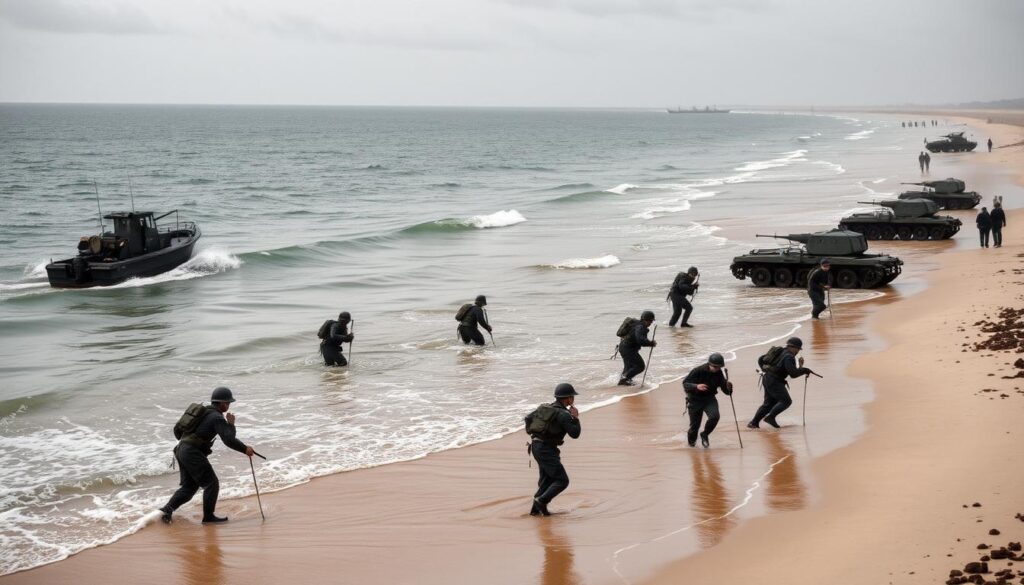 Alianckie wojska lądujące na plażach Normandii 6 czerwca 1944 roku, operacja Overlord Alianckie wojska lądujące na plażach Normandii 6 czerwca 1944 roku, operacja Overlord
