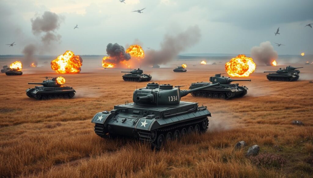 Czołgi T-34 i niemieckie Tygrysy podczas bitwy na Łuku Kurskim, lipiec 1943 Czołgi T-34 i niemieckie Tygrysy podczas bitwy na Łuku Kurskim, lipiec 1943