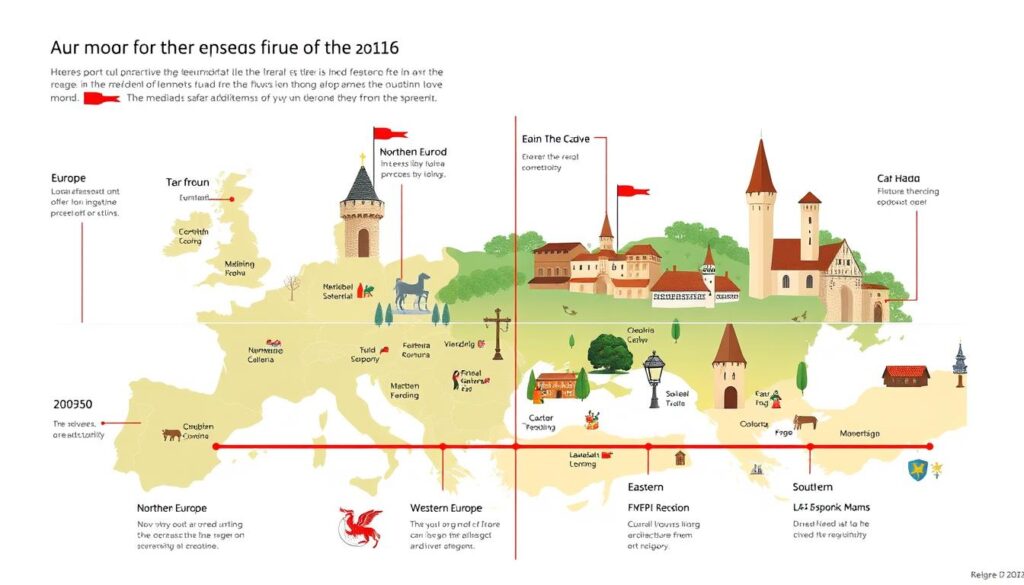 Ilustracja pokazująca różne etapy rozwoju średniowiecza w różnych regionach Europy Ilustracja pokazująca różne etapy rozwoju średniowiecza w różnych regionach Europy