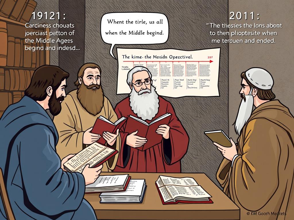 Ilustracja przedstawiająca dyskusję historyków nad periodyzacją średniowiecza Ilustracja przedstawiająca dyskusję historyków nad periodyzacją średniowiecza