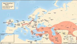 Mapa głównych bitew II wojny światowej z zaznaczonymi kluczowymi starciami na wszystkich frontach