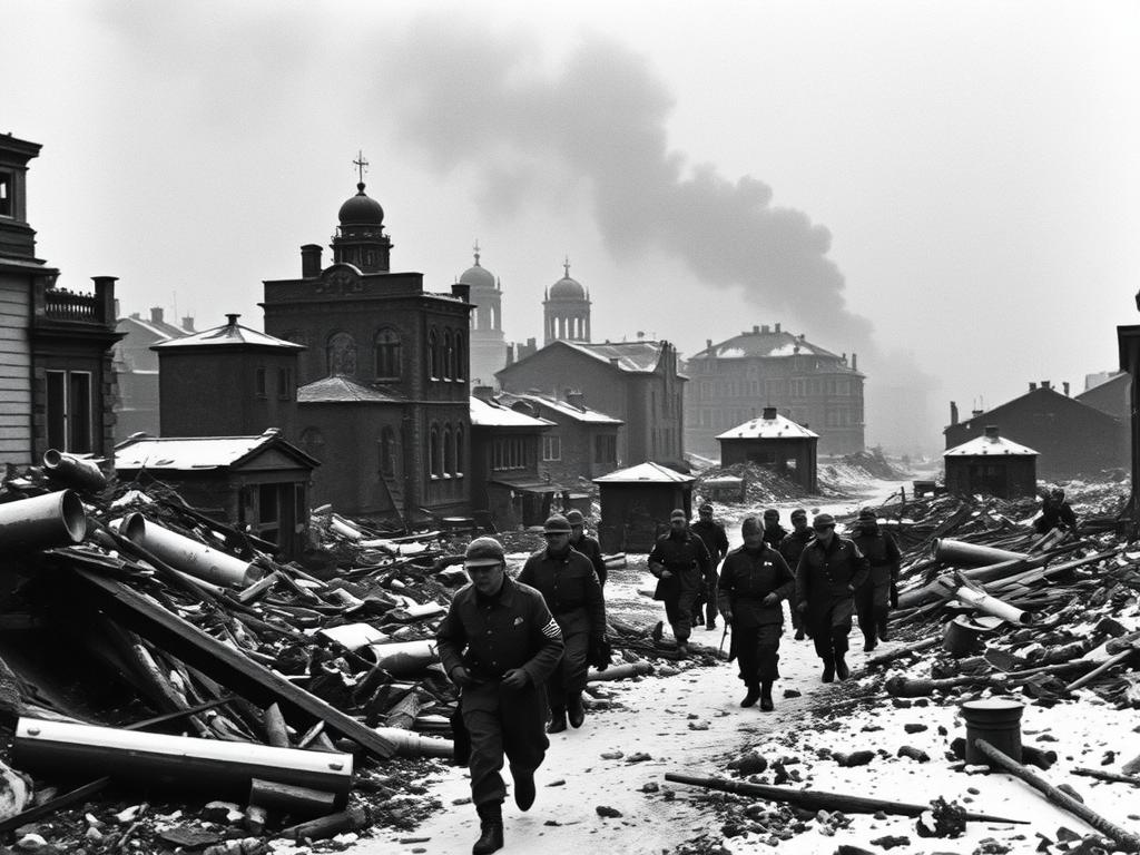 Zniszczone miasto Stalingrad zimą 1942/1943 z żołnierzami Armii Czerwonej wśród ruin Zniszczone miasto Stalingrad zimą 1942/1943 z żołnierzami Armii Czerwonej wśród ruin