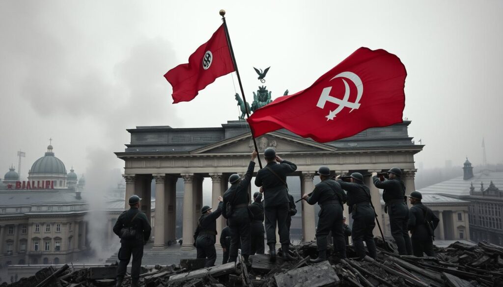 Żołnierze Armii Czerwonej zatykający flagę na Reichstagu, Berlin, maj 1945 Żołnierze Armii Czerwonej zatykający flagę na Reichstagu, Berlin, maj 1945